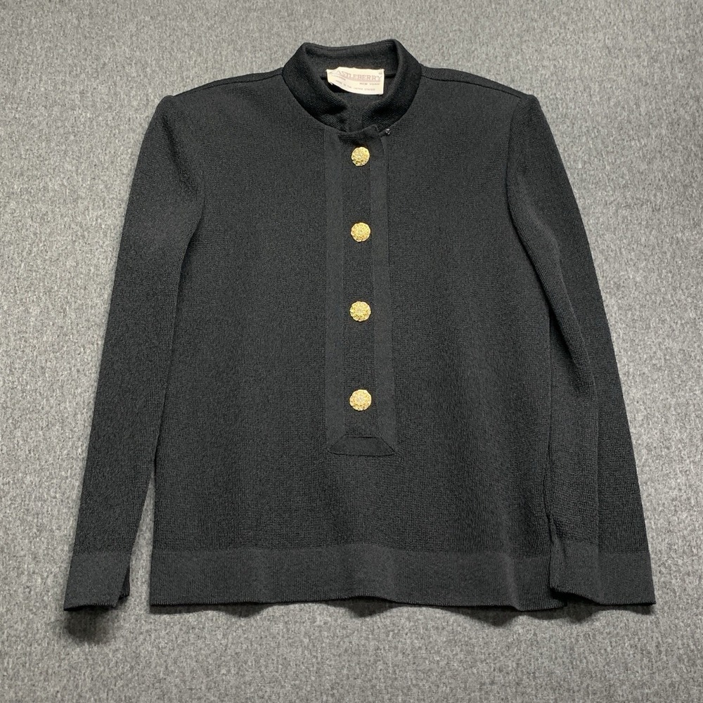 Vtg Castleberry Knit Pullover Top Black Gold Buttons Shoulder Pads - Size 12